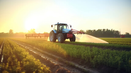 Fototapeta premium tractor plows a field at sunset. Generative Ai