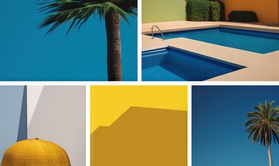  a series of photos with a palm tree and a swimming pool.  generative ai