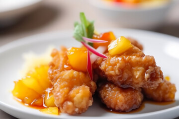 Sweet and sour chicken Sticky sweet and sour sau on a white plate, ai generation