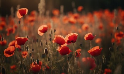  a field full of red flowers with a blurry background.  generative ai