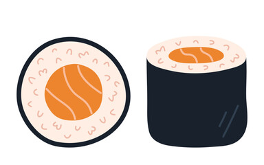 Sake maki. Japanese roll with salmon, rice and seaweed nori. Top and side view. Hand-drawn colored flat vector illustration isolated on white background.