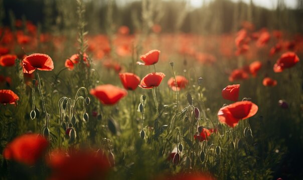  a field full of red flowers on a sunny day in the sun.  generative ai