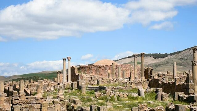 View of Roman columns in the ancient city of Cuicul-Djemila. UNESCO world heritage site. Setif, Algeria