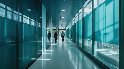 people walk down a hallway in an office building with blue glass wall panels. Generative Ai