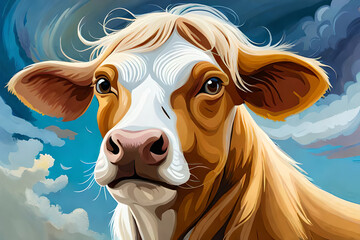 Oil painting of cow and flowers. Generative AI