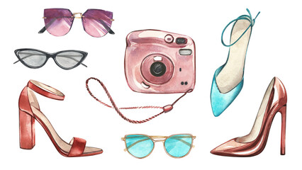 Set shoes with heels, sunglasses, photo camera isolated on white. Watercolor hand drawing illustration. Art for fashion