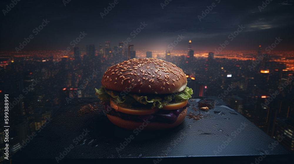 Wall mural burger with a view of a city lit up at night generative ai