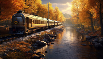 Autumn forest with train and train tracks desktop background ai generative