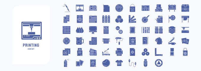 A collection sheet of solid icons for Printing and binding, including icons like Art board, 3d Printer, Badges, Banner and more