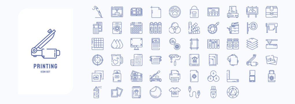 Collection of icons related to Printing and binding, including icons like Art board, 3d Printer, Badges, Banner and more