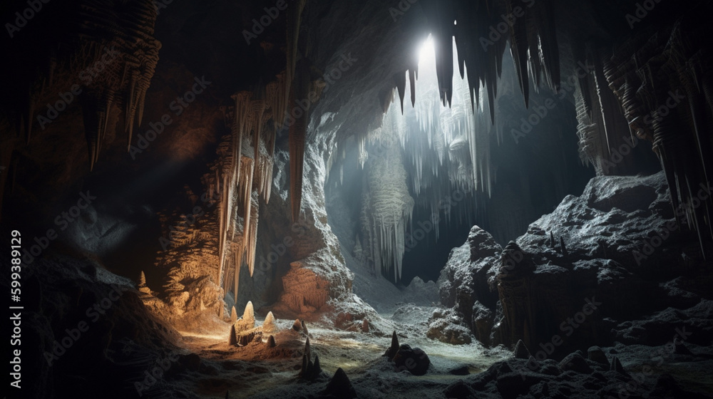 Wall mural A mysterious cave with stalactites and stalagmites Generative AI 