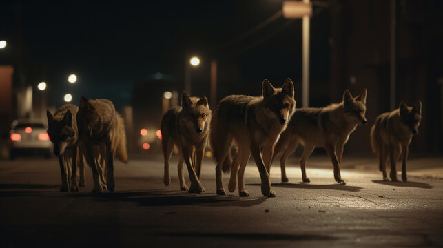 A pack of coyotes running through a deserted street Generative AI 