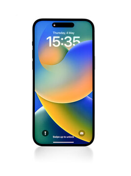 Uzhgorod, Ukraine - May 04, 2023: Studio shot of new Apple iPhone 14 Pro Max Space Black on a white background.