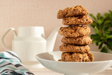 Caprichos de Santiago. Almond and sugar cookies column. Concept of gastronomy