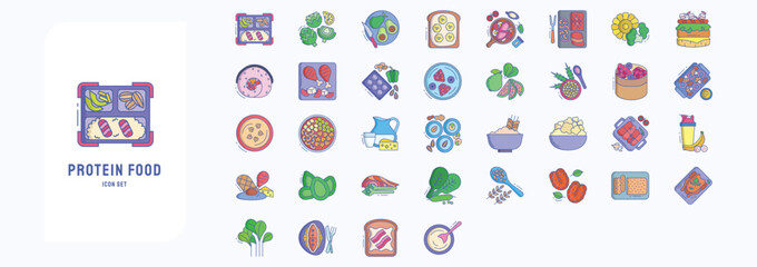 A collection sheet of linear color icons for Protein Food , including icons like Avocado, toast, fruits and more