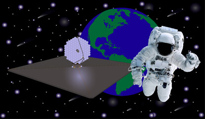 Space Astronaut in new space suit in a front of New ultraviolet LUVOIR multiobject space telescope concept luvoir. Elements of this vector illustration were furnished by NASA	