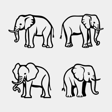 Set of black & white elephants in different poses