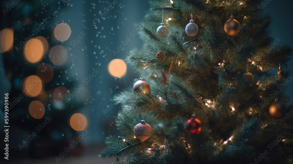 Wall mural decorated christmas tree with bokeh background. generative ai