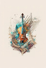 Watercolor floral violin painting, isolated on white, made with Generative AI