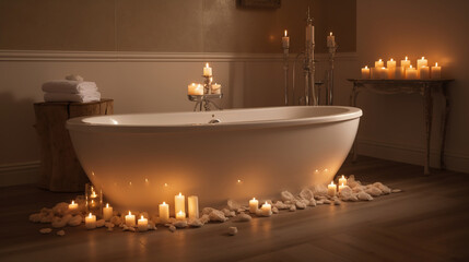 bathroom with large, white soaking tub and candles. Generative Ai