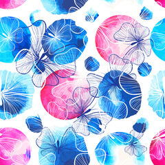 Butterflies seamless background and watercolor circles. Vector illustration