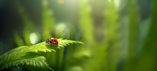 Fototapeta premium Beautiful nature background with morning fresh grass and red ladybug on green leaf. Grass and clover leaves in droplets of dew outdoors in summer in spring close-up macro. Template for design 
