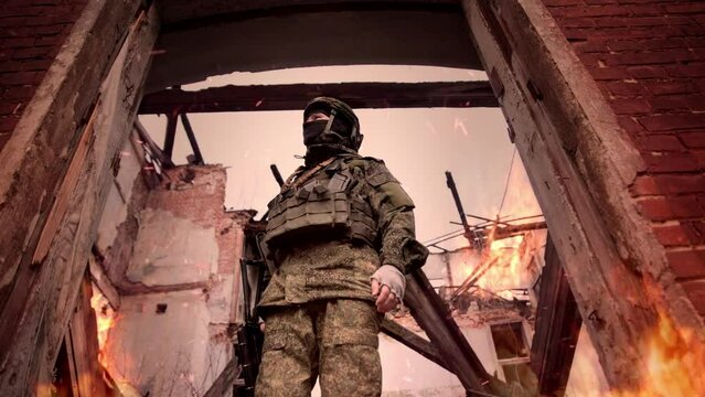 Desperate Soldier Standing in The Middle of War Zone Deserted Demolished City Buildings Burning in the Background