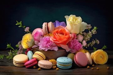 Fototapeta na wymiar Assorted Macarons with Vibrant Spring Flowers Arrangement