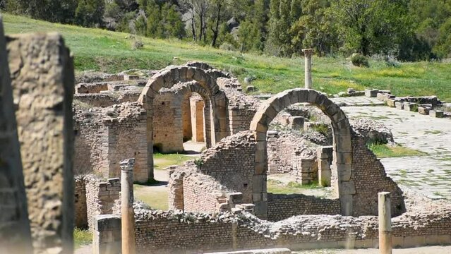 View of Roman arches in the ancient city of Cuicul-Djemila. UNESCO world heritage site. Setif, Algeria