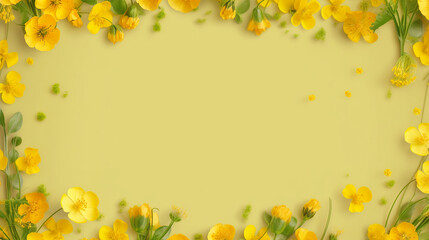 Naklejka na ściany i meble Banner background with buttercup and decor. High angle beautiful buttercup flowers arrangement with empty space to write. Absolutely symmetrical. 3D illustration. Generative AI