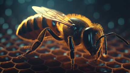 Furry bee on sweet honeycomb with copy space Generative AI