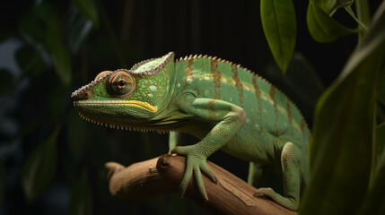 Obraz premium Green chameleon on bamboo Generative AI