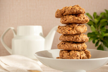Caprichos de Santiago. Almond and sugar cookies column. Concept of gastronomy