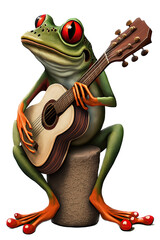 an isolated Frog, playing guitar whimsical feel, music festival orientated in Music-themed, photorealistic illustrations on a transparent background cutout in PNG. Generative AI