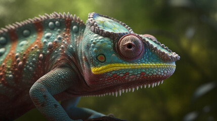 Fototapeta premium Multicolored chameleon, up close Generative AI