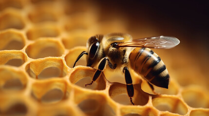 Nectar-seeking bee on honeycomb with copy space Generative AI