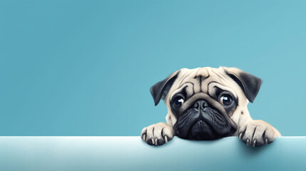 Playful pug on blue background with banner for text placement. Generative AI