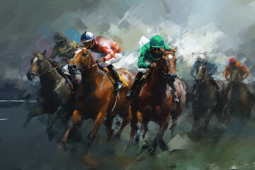 Colorful Abstract racing horse with jockey. Equestrian sport. Illustration of paints. Generative AI.