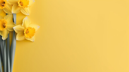 Banner background with daffodil and decor. High angle beautiful daffodil flowers arrangement with empty space to write. Absolutely symmetrical. 3D illustration. Generative AI