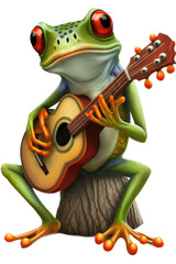 Obraz na płótnie Canvas an isolated Frog, playing guitar whimsical feel, music festival orientated in Music-themed, photorealistic illustrations on a transparent background cutout in PNG. Generative AI