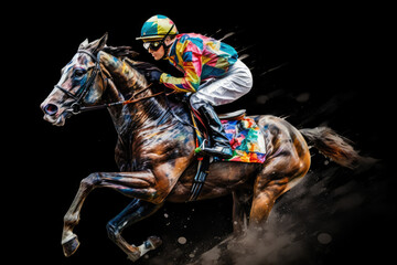 Colorful Abstract racing horse with jockey. Equestrian sport. Illustration of paints. Generative AI.