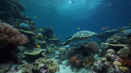 underwater coral reef with colorful fish and turtle marine life Generative AI