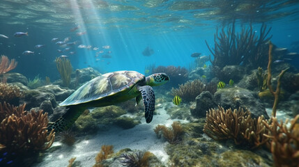Naklejka na ściany i meble Underwater wonderland of vibrant fish and turtle Generative AI