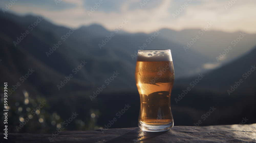 Poster  Glass of beer against a background of mountains Generative AI 