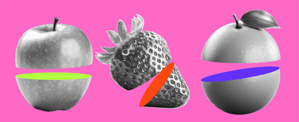 Abstract Halftone-style fruit, in black and white colors. Fruit cut in half with a bright middle. Vector pack of elements for magazine collages. Stylish set of objects isolated on pink background