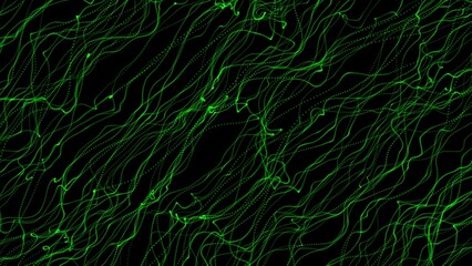 A diagonal stream of green wriggling threads on a black background. Cosmic phenomenon. Mixing wavy threads in erratic dynamic movement. Smooth flow. 3D render