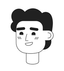 Beaming young guy with fluffy hairstyle monochromatic flat vector character head. Editable black white cartoon face emotion. Hand drawn lineart ink spot illustration for web graphic design, animation