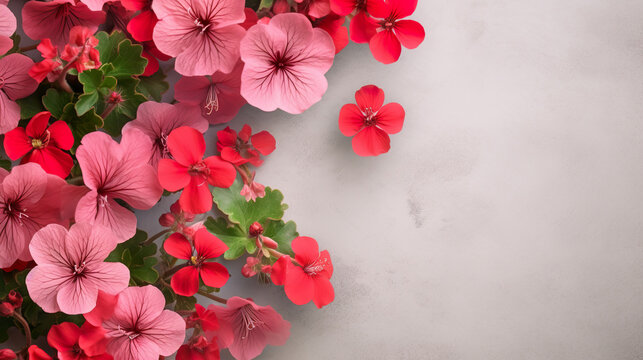 Banner background with geranium and decor. High angle beautiful geranium flowers arrangement with empty space to write. Absolutely symmetrical. 3D illustration. Generative AI