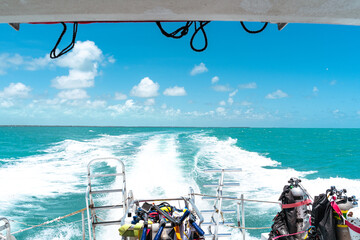 Driving the Boat with scenic view of the ocean