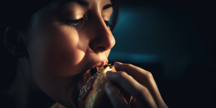 Gesicht einer Frau beisst hungrig in Burger, ai generativ
